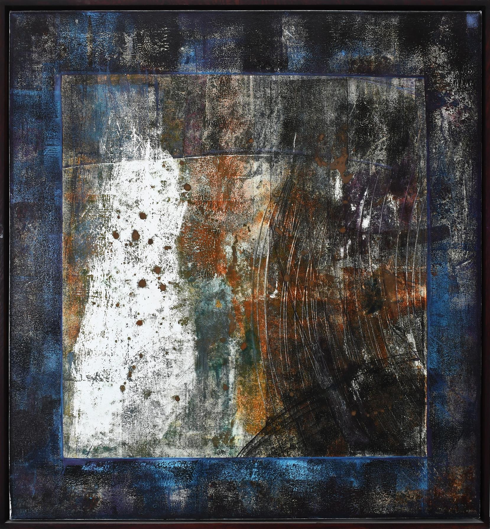 ‡Monair Hyman (20th Century) Blue Parchment Oil, acrylic and old monoprint on canvas 122 x 122cm - Image 2 of 4