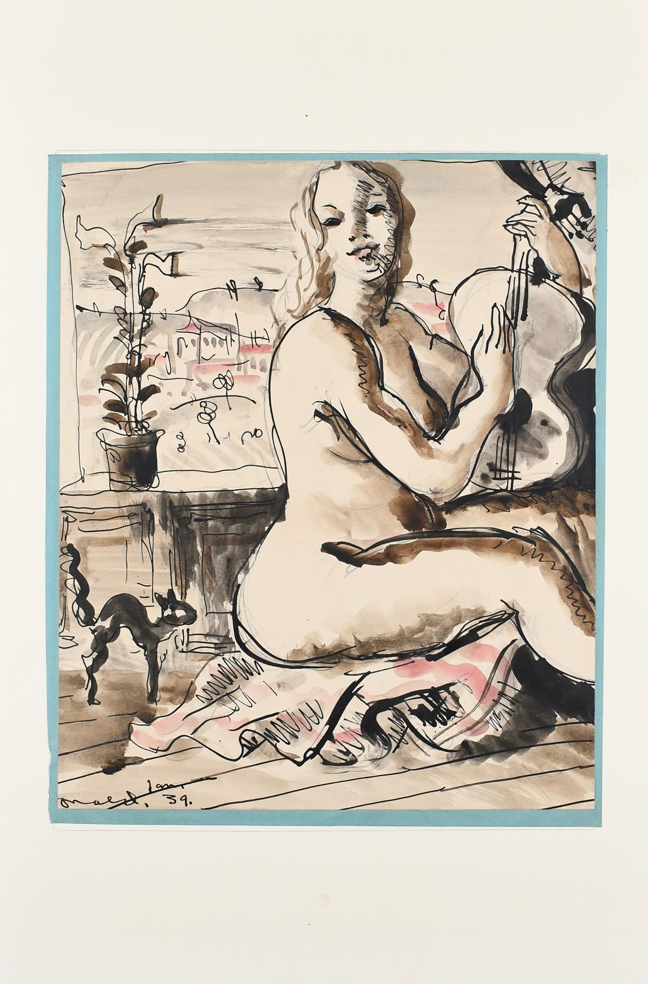 ‡Donald Friend (Australian 1915-1989) Nude playing a guitar Signed and dated Donald Friend 39 (lower - Image 3 of 4
