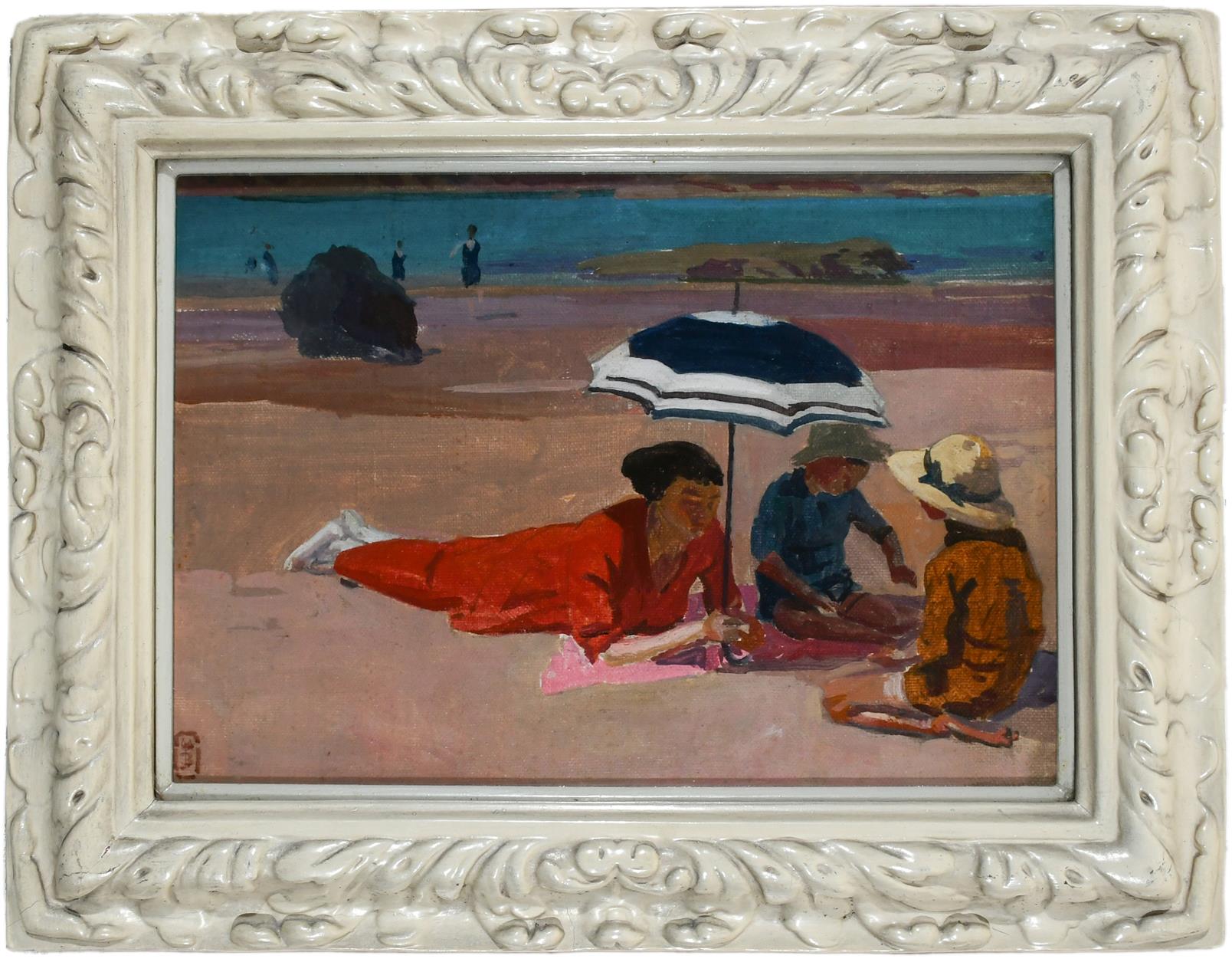 ‡Walter Bayes (1869-1956) Woman and children on the beach Signed with monogram (lower left) Oil on - Image 2 of 4