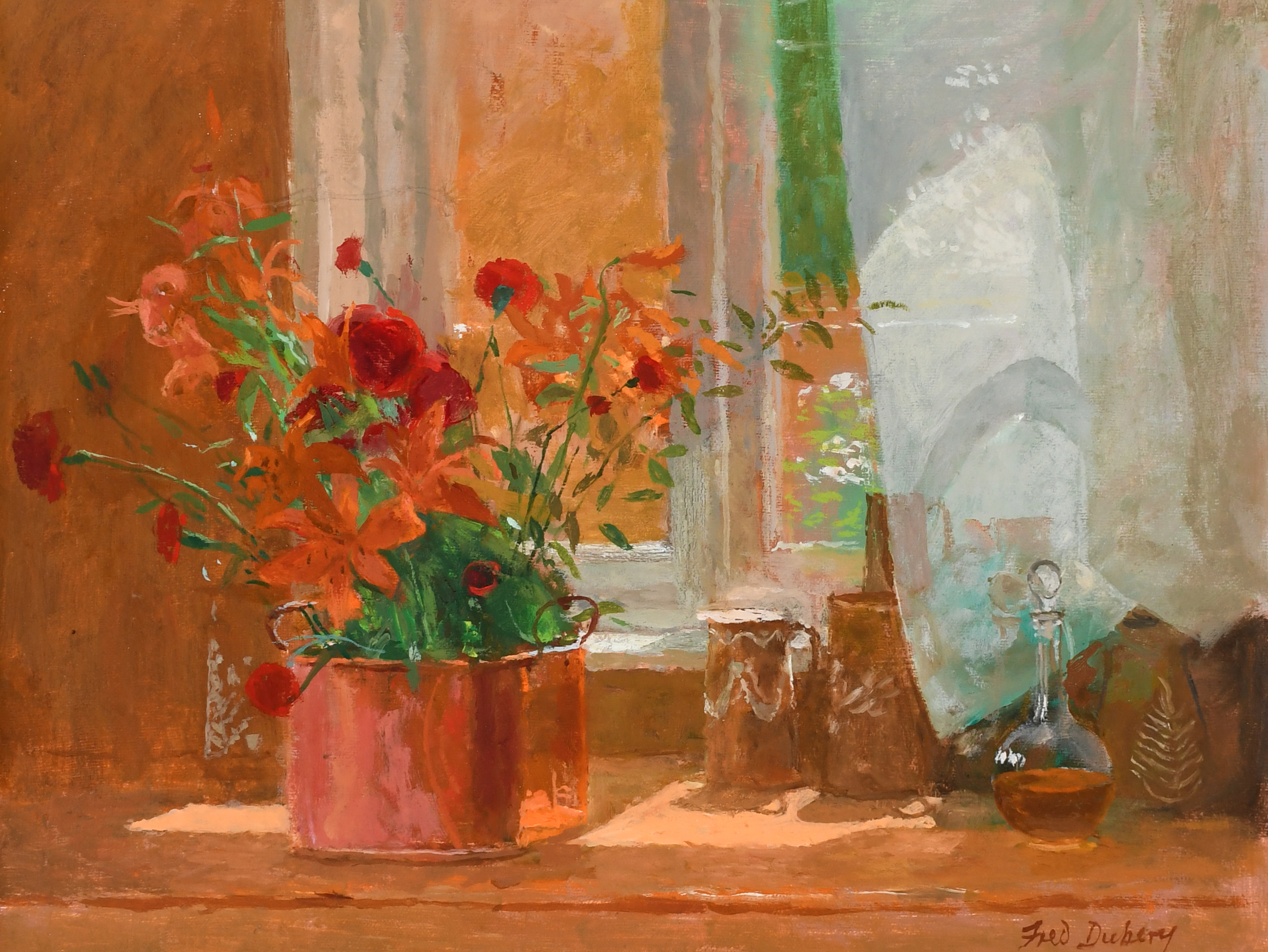 ‡Fred Dubery (1926-2011) Still life with a bouquet of flowers, a bottle of oil and jugs on a