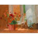 ‡Fred Dubery (1926-2011) Still life with a bouquet of flowers, a bottle of oil and jugs on a
