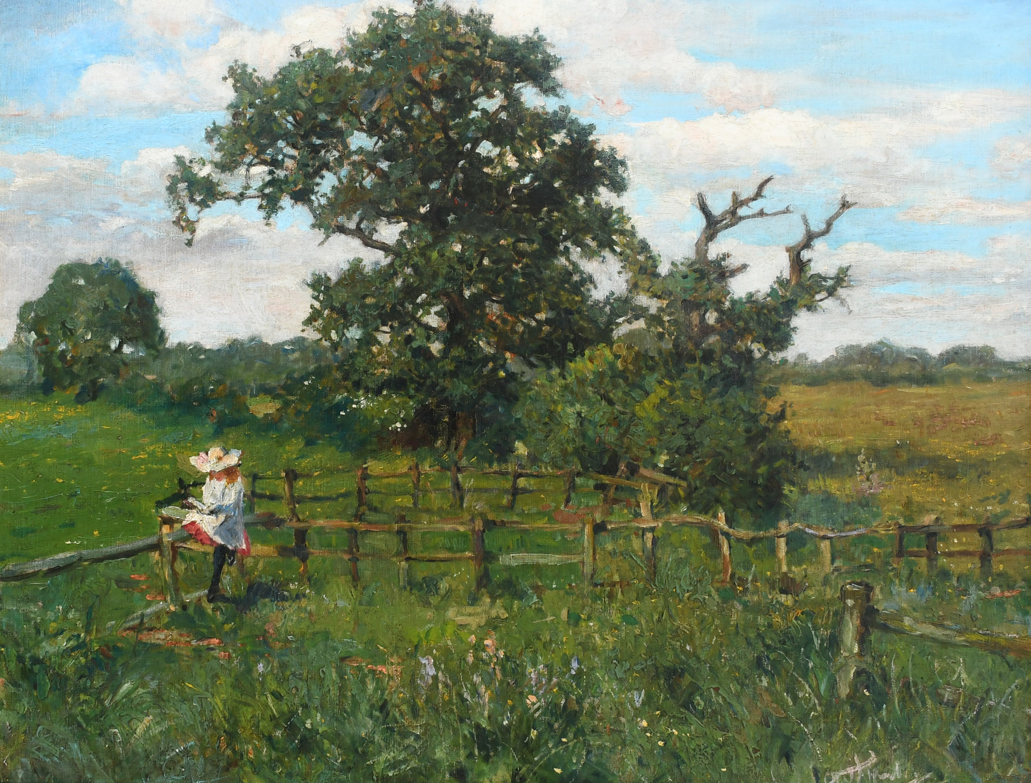 British School Early 20th Century A girl seated on a fence reading Indistinctly signed (lower right)