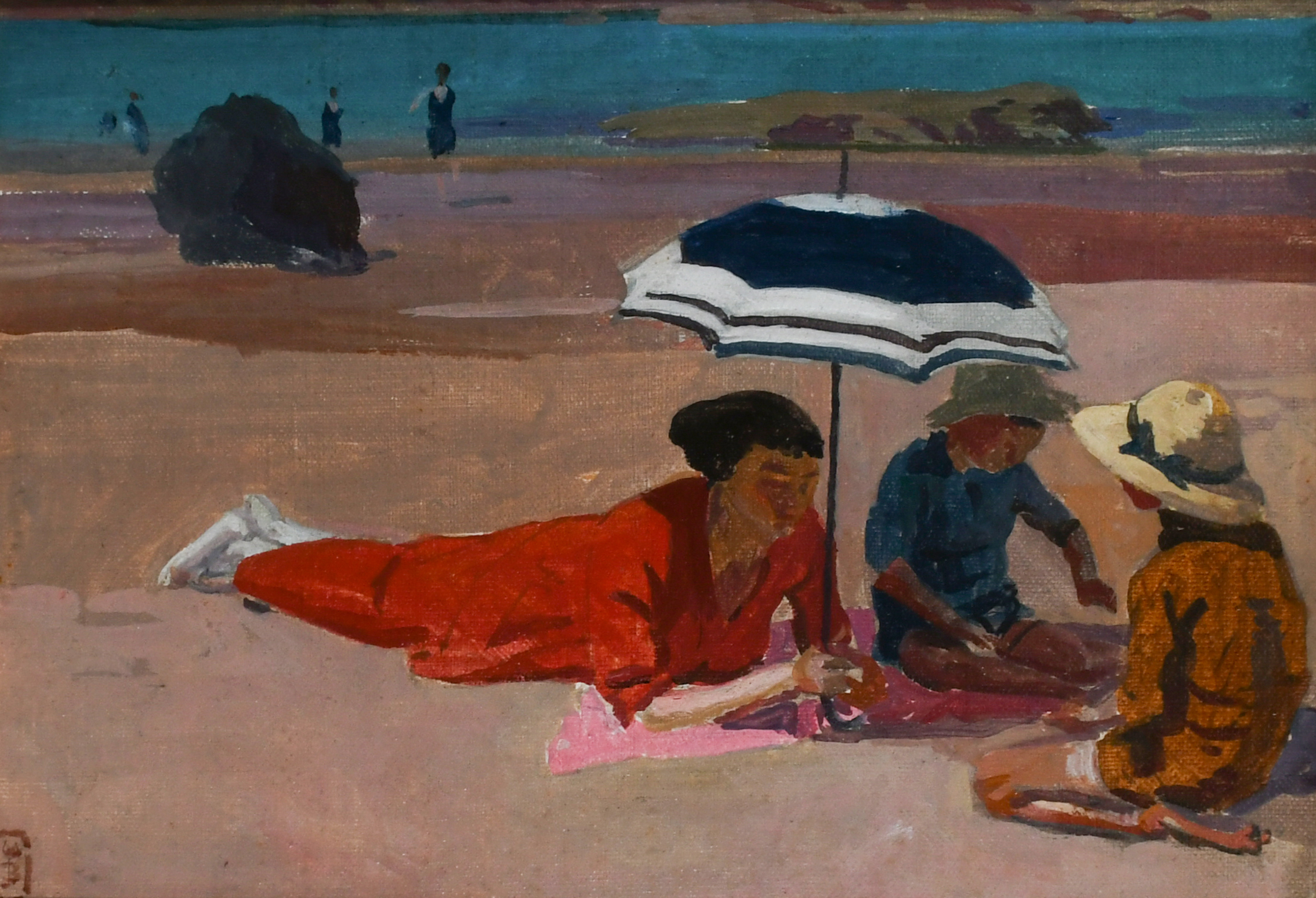 ‡Walter Bayes (1869-1956) Woman and children on the beach Signed with monogram (lower left) Oil on