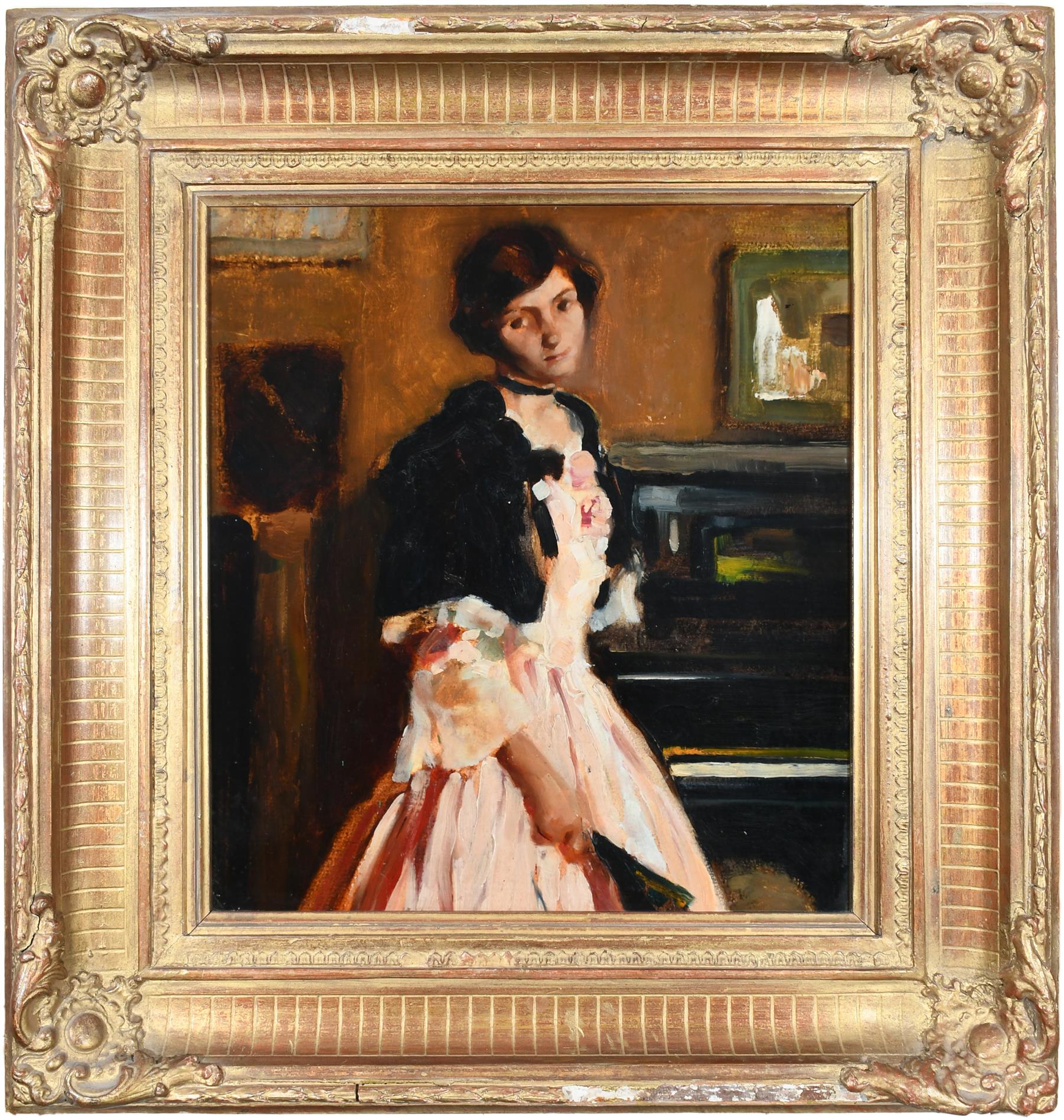‡Giannino Marchig (Italian 1897-1983) Portrait of a lady by a piano wearing a pink dress and holding - Image 2 of 4