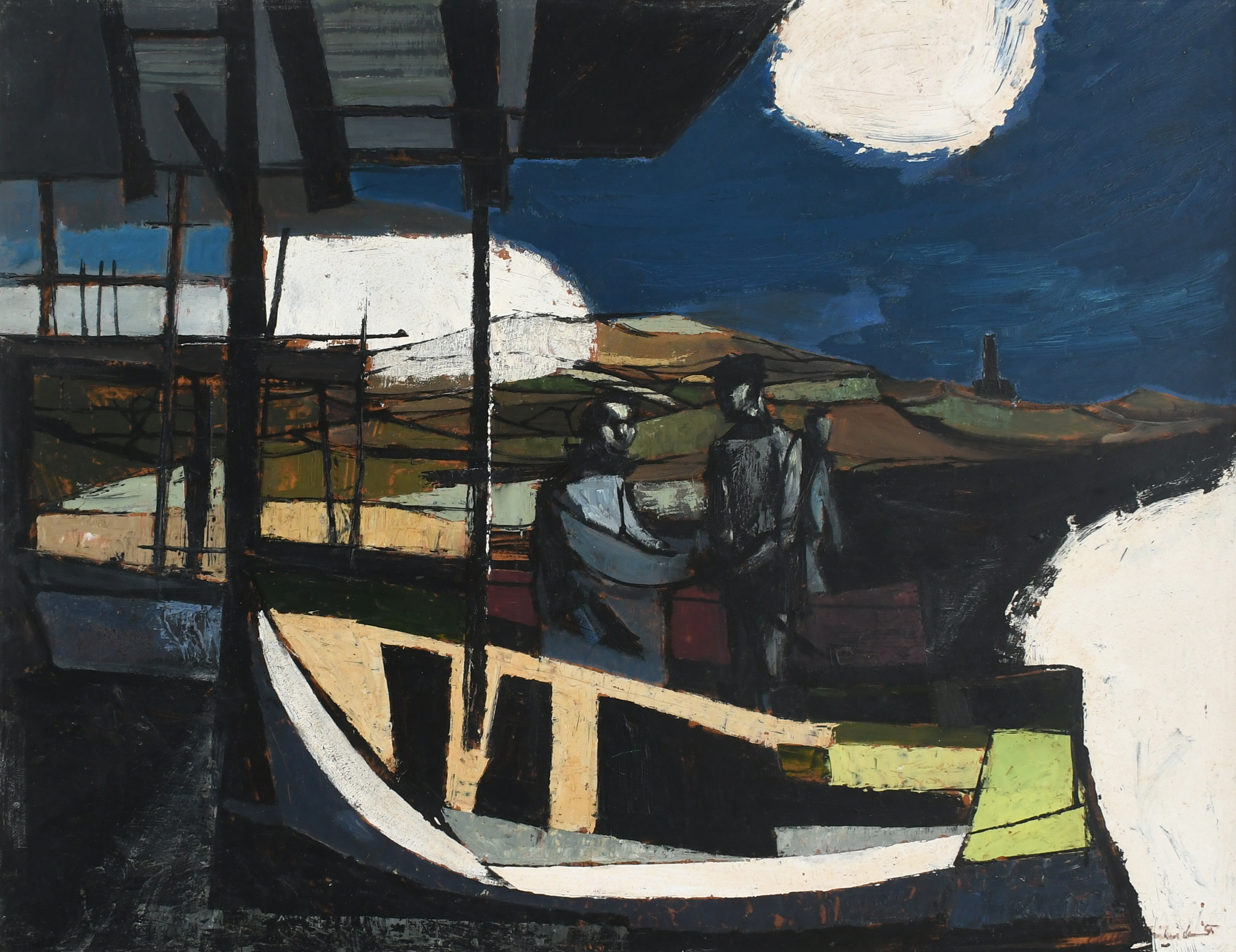 ‡Clifford Fishwick (1923-1997) Fishermen with their boat under a full moon Signed and indistinctly