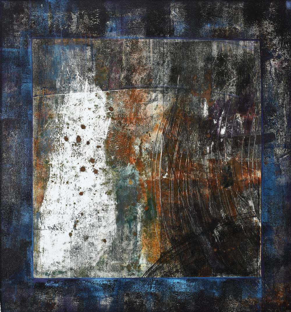 ‡Monair Hyman (20th Century) Blue Parchment Oil, acrylic and old monoprint on canvas 122 x 122cm