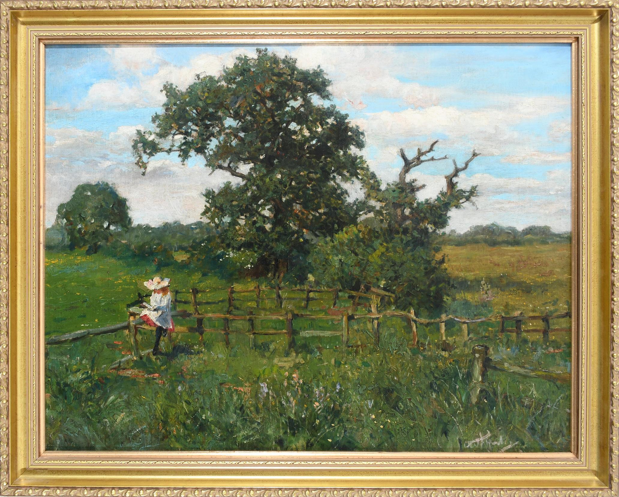 British School Early 20th Century A girl seated on a fence reading Indistinctly signed (lower right) - Image 2 of 4