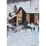 ‡Ken Howard OBE, RA (b.1932) View of an Alpine village in winter Signed Ken Howard (lower right) Oil