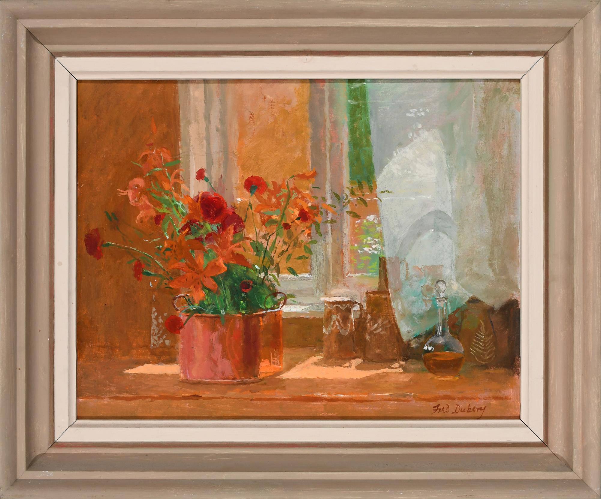 ‡Fred Dubery (1926-2011) Still life with a bouquet of flowers, a bottle of oil and jugs on a - Image 2 of 4