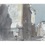 ‡Tom Coates RBA (b.1941) French street scene with a figure at a corner Signed with monogram (lower