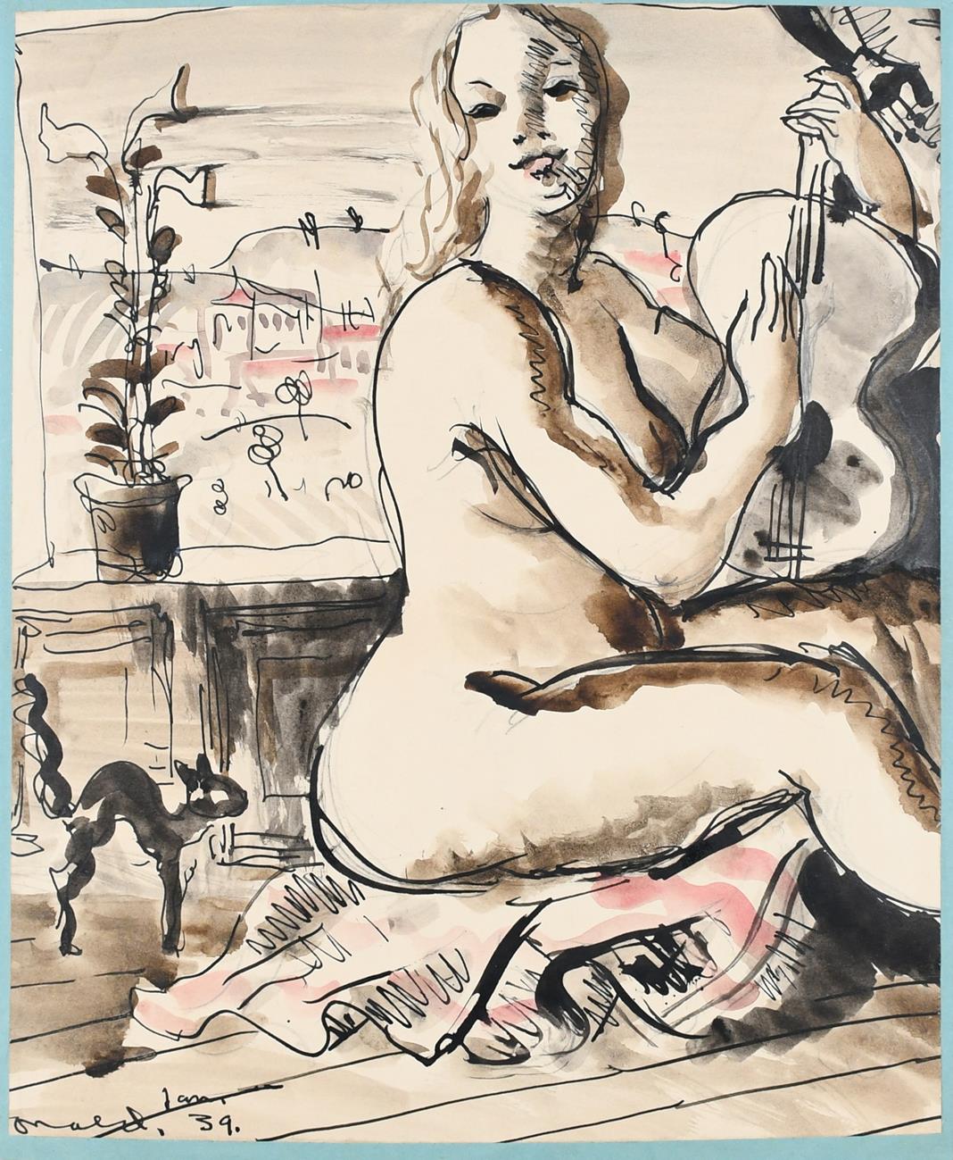 ‡Donald Friend (Australian 1915-1989) Nude playing a guitar Signed and dated Donald Friend 39 (lower - Image 2 of 4