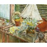 ‡Olwyn Bowey RA, NEAC (b.1936) Still life with a hawkmoth Signed Olwyn Bowey (lower left) Oil on