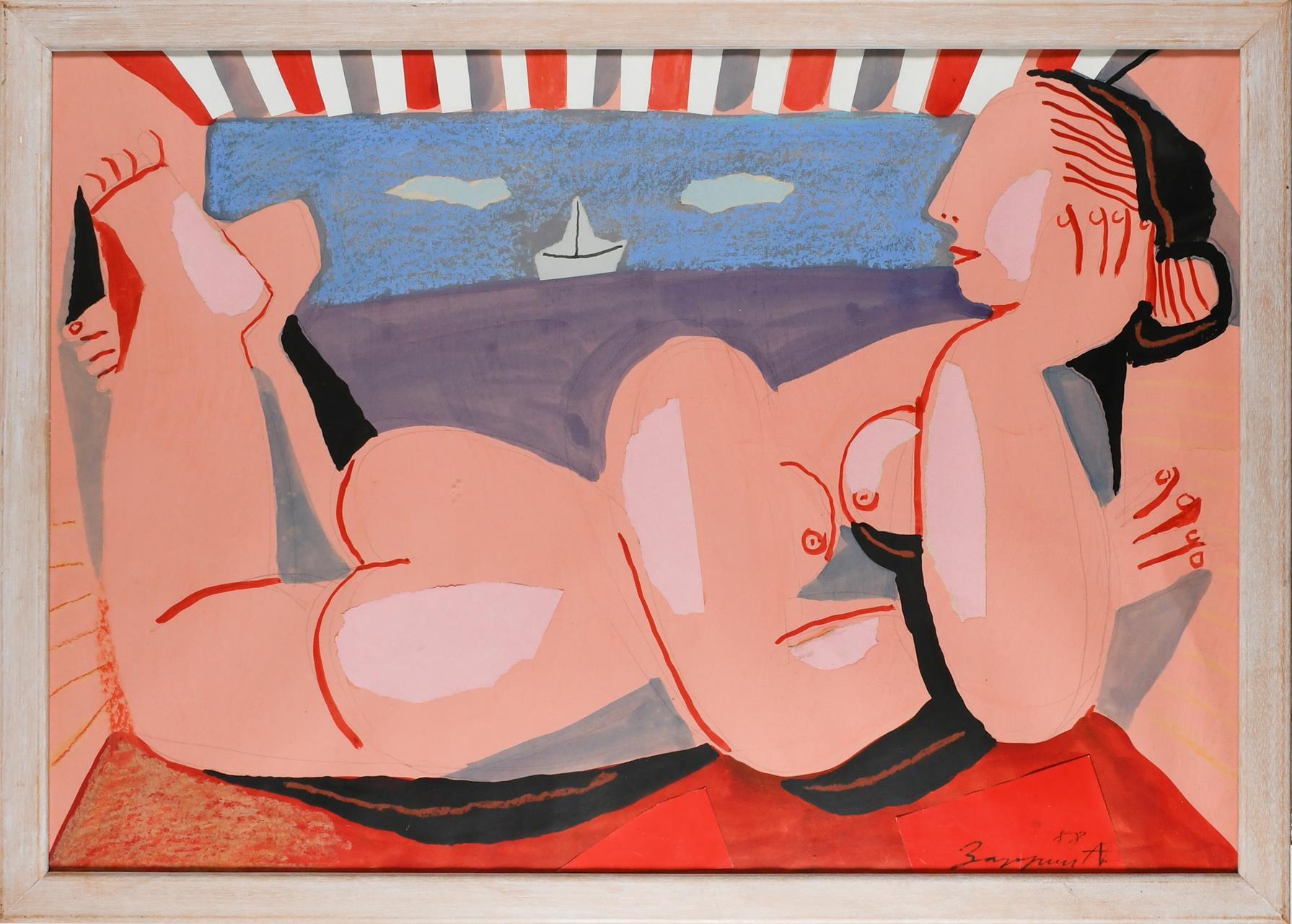 Alexander Zadorin (Russian 1941-2006) Female nude reclining on a beach Signed in Cyrillic and - Image 2 of 4