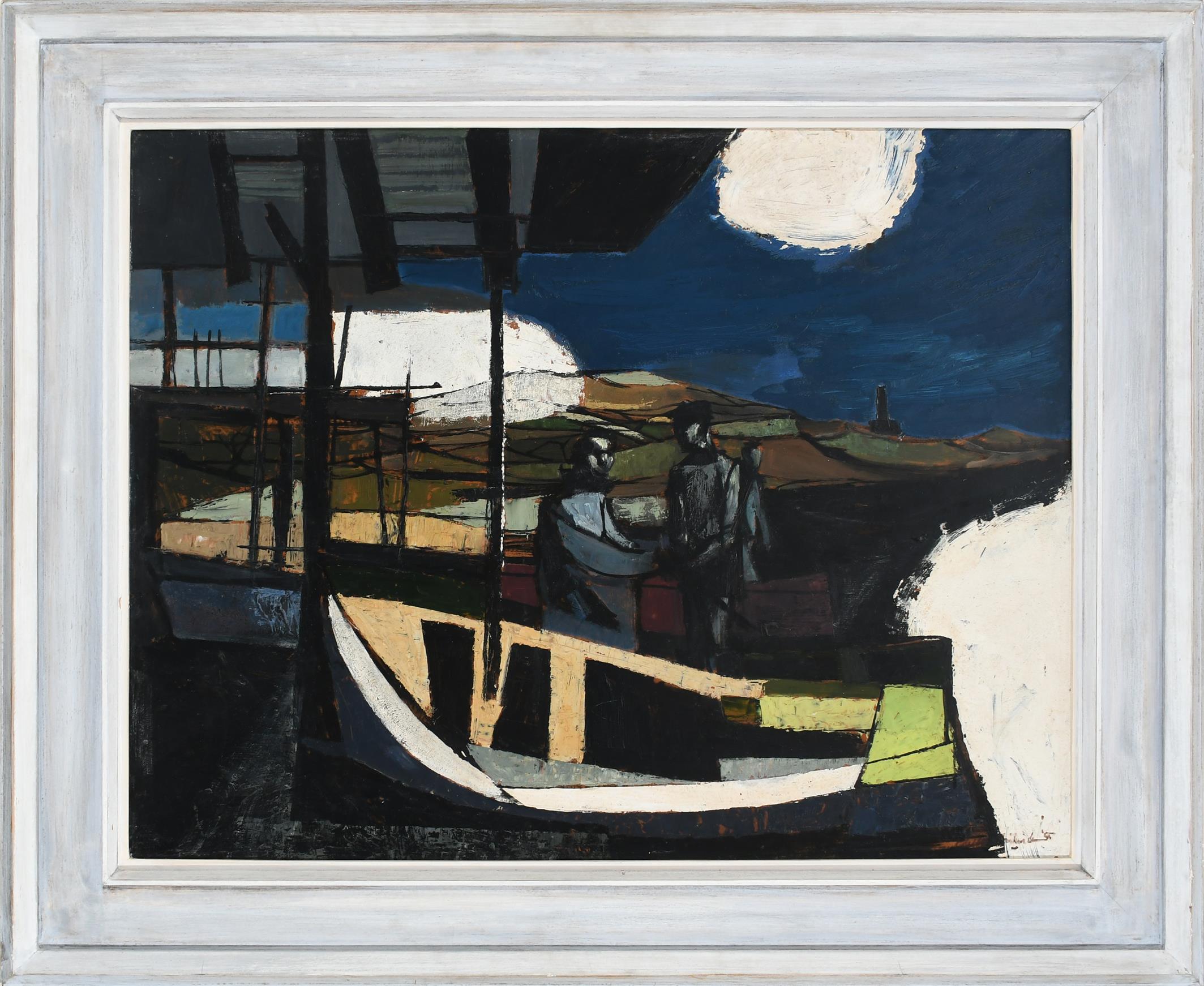 ‡Clifford Fishwick (1923-1997) Fishermen with their boat under a full moon Signed and indistinctly - Image 2 of 4