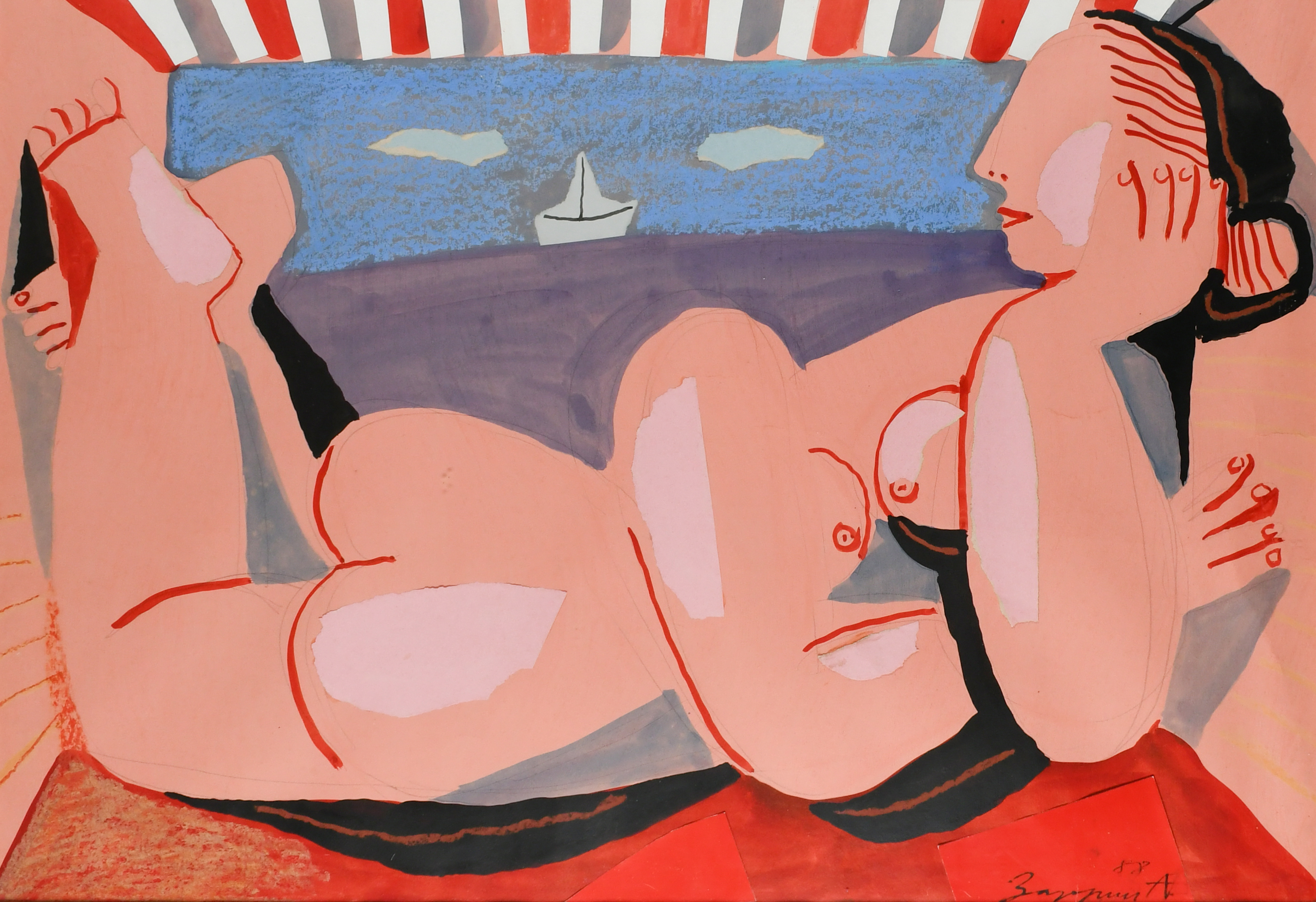 Alexander Zadorin (Russian 1941-2006) Female nude reclining on a beach Signed in Cyrillic and