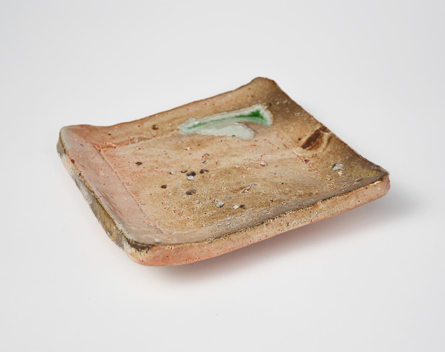 Nic Collins (born 1958) a salt-glaze stoneware dish, square section on four fleet, with pooled green - Image 2 of 2