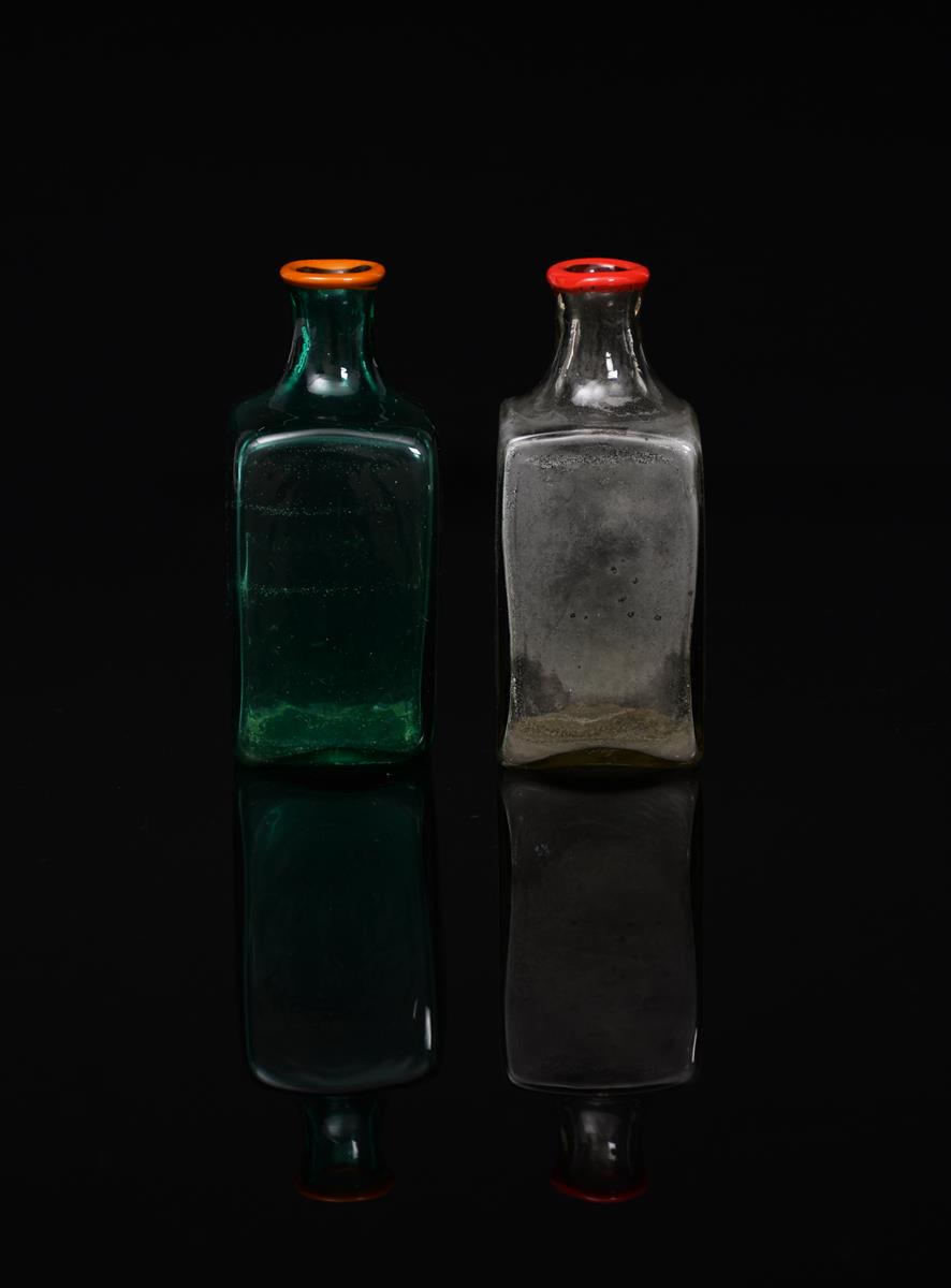 A Venini miniature glass vase in the manner of Carlo Scarpa, bottle green glass with applied