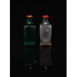 A Venini miniature glass vase in the manner of Carlo Scarpa, bottle green glass with applied