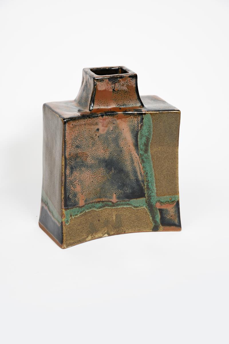 Shoji Hamada, (1894-1978) attributed a stoneware bottle vase, rectangular with curved sides, painted