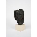 Peter Hayes (born 1946) a stoneware head, dated 2000, weathered finish, on white stone plinth,