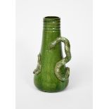 A Rye Pottery snake vase, tapering cylindrical form, applied with a scrolling snake, glazed green