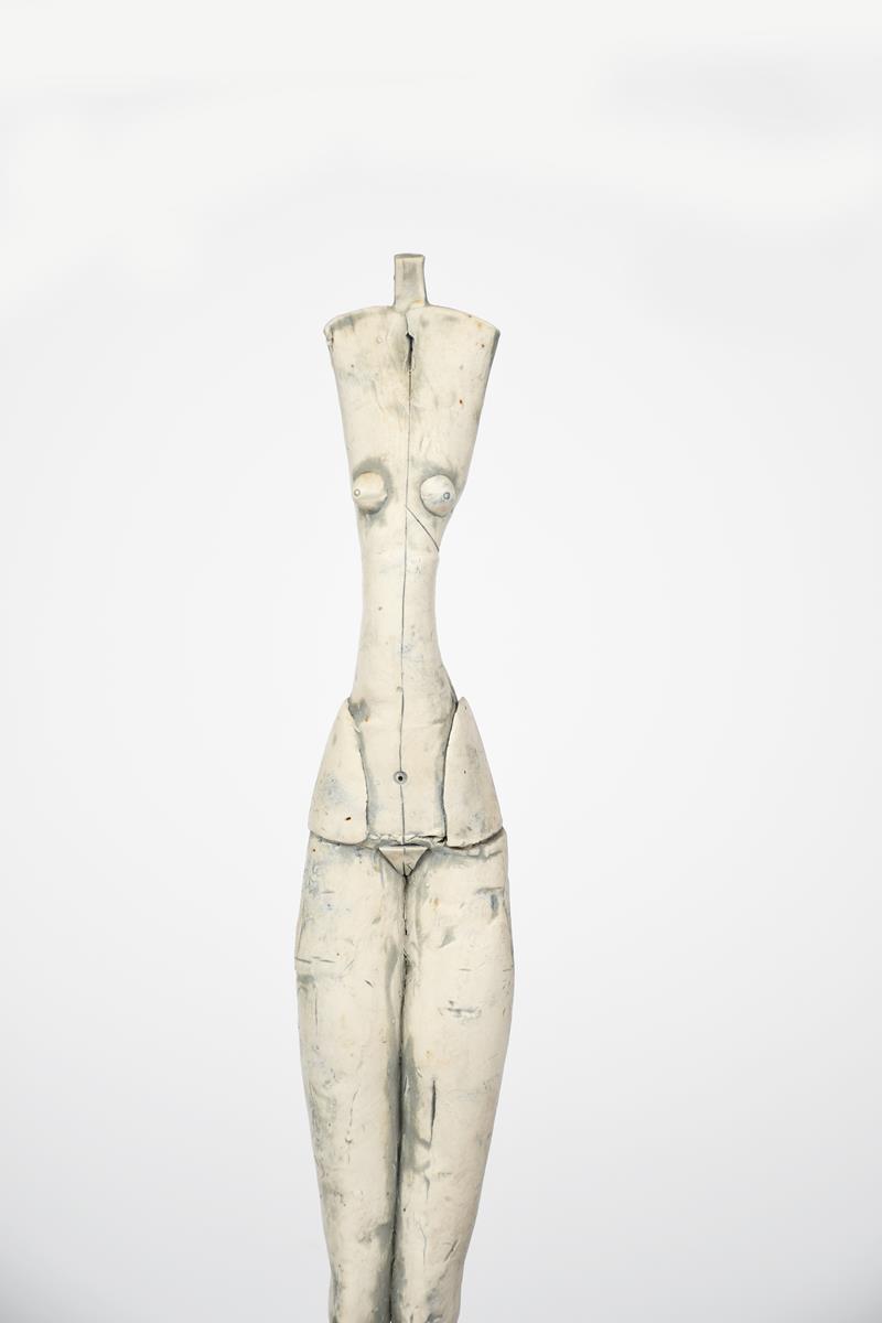 Mo Jupp (1938-2012) standing figure a hand built figure glazed white, on wooden base, 51cm. high - Image 2 of 2