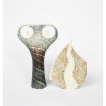 Gordon Cooke (born 1949) twin-handled vase porcelain, slender form with scrolling handles, glazed