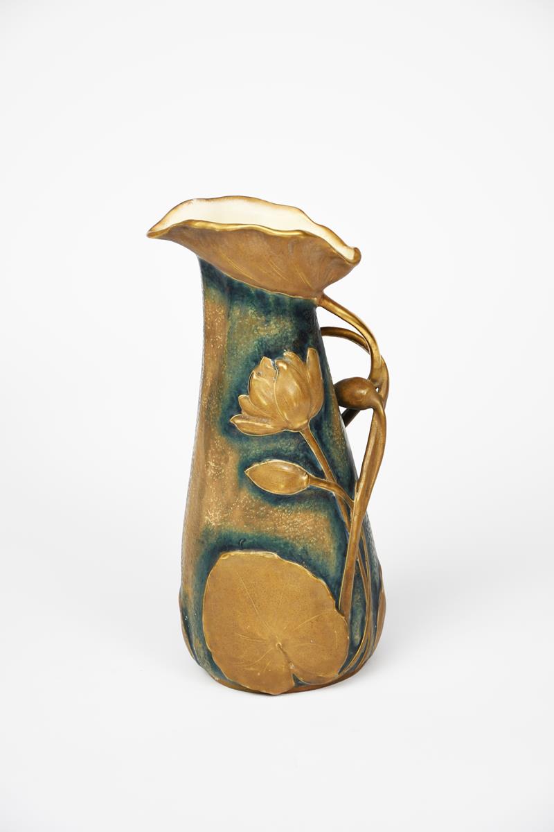 An Art Nouveau Amphora Pottery jug, model no.8860, moulded in relief with water lily flowers and pad - Image 2 of 2