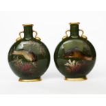 A pair of Minton moonflasks painted by William Mussill, flattened dish form with applied loop