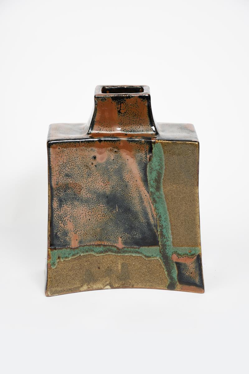 Shoji Hamada, (1894-1978) attributed a stoneware bottle vase, rectangular with curved sides, painted - Image 2 of 3