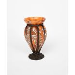 An Art Deco Delatte metal mounted glass vase by Andre Delatte, mottled orange glass with silver