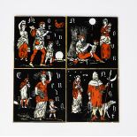 A set of four Minton Hollins & Co Times of the Day tiles, printed in red, black and yellow,