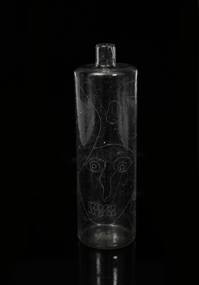 A etched glass cylindrical vase by Paolo Martinuzzi, shouldered form, etched with faces, etched