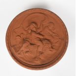 A set of Four Watcombe Pottery terracotta roundels, each cast in low relief with cherubs working and