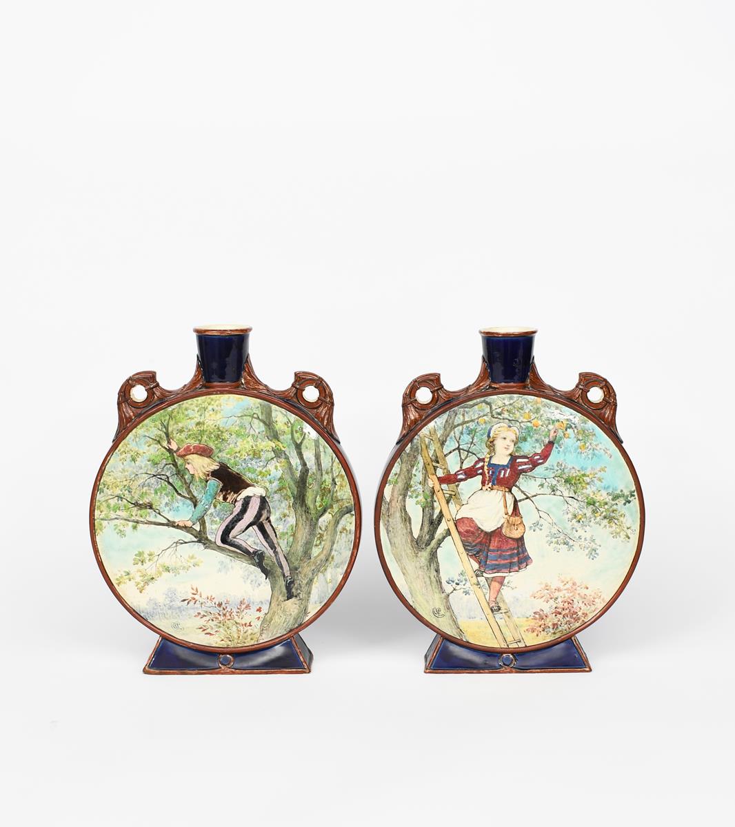 A pair of Minton Pottery moonflasks, flat disc form on flaring rectangular foot, with flaring