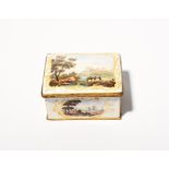 A large English enamel table snuff box c.1780, the rectangular form painted to the hinged cover with