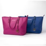 Michael Kors, two jet-set travel tote bags, medium, in Saffiano blue leather and pink leather,