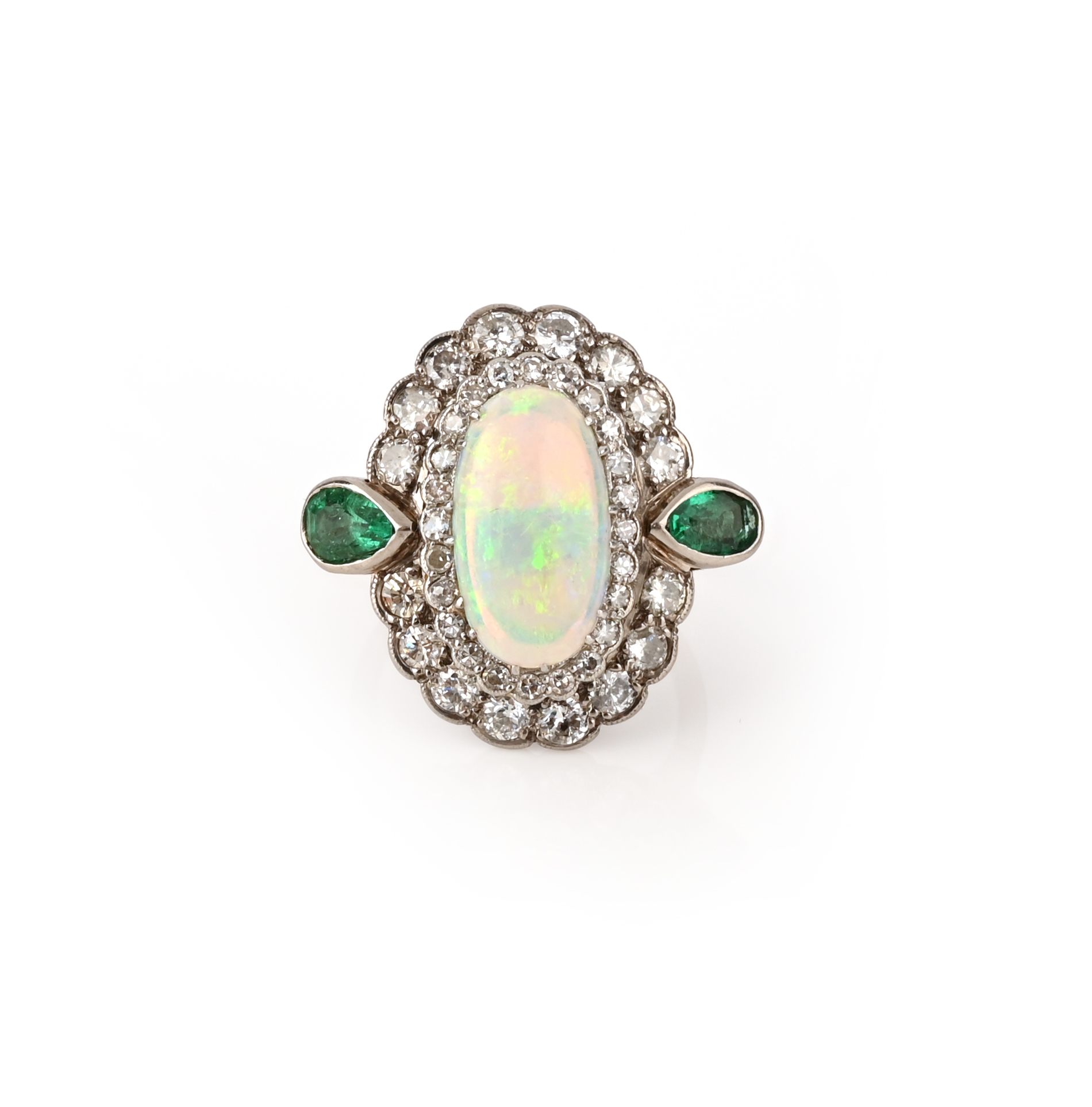 An opal, emerald and diamond ring