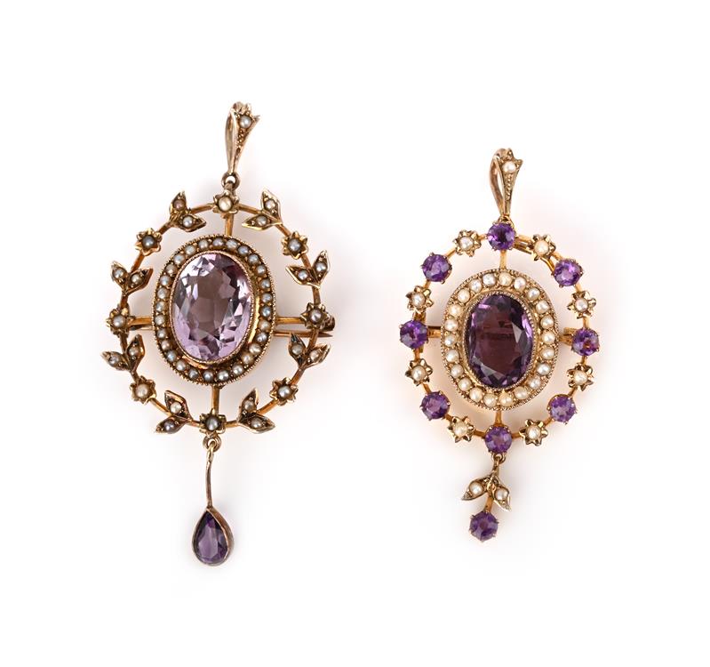 An Edwardian seed pearl and amethyst pendant, the oval amethyst within a surround of seed pearls and