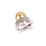 A cultured pearl and diamond ring, of abstract design, set with a silver and golden cultured