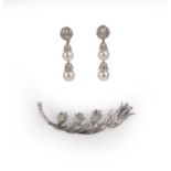 A diamond brooch and a pair of cultured pearl and diamond earrings, the brooch designed as a spray