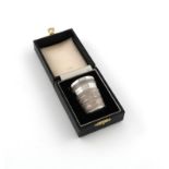 A cased novelty silver thimble spirit measure, marked WW, Birmingham 1989, tapering circular form,