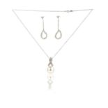 A pair of diamond earrings and a cultured pearl and diamond pendant, the earrings composed of a trio
