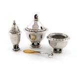 By Georg Jensen, a three-piece Danish silver cruet set, design no. 236, the pepper pot with import