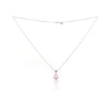 A pink sapphire pendant, the pear-shaped sapphire is claw-set in white gold, on a fine-link white