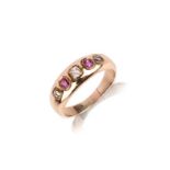 A ruby and diamond ring, circa 1873, collet-set with a sequence of five cushion-shaped rubies and