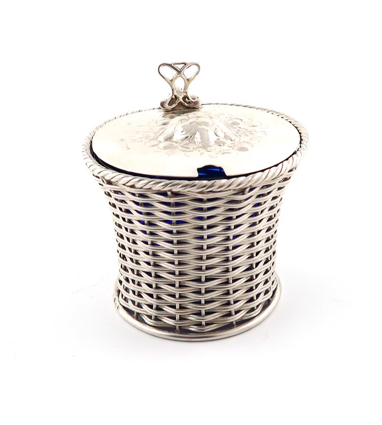 A Victorian basket mustard pot, by Henry Manton, Birmingham 1851, tapering circular form, weaved - Image 2 of 7