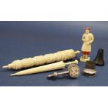 Two 19th century ivory needle cases, ivory Indian figure, silver skirt lifter, etc (6)