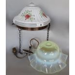 A white opaque glass ceiling light with floral decoration, gilt marble effect three branch hanging