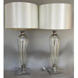 A pair of glass modern vase shaped lamps with shades, 61cm approx